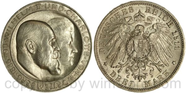deutsches kaiserreich württemberg, 3 mark 1911, silberhochzeit, silber, vz