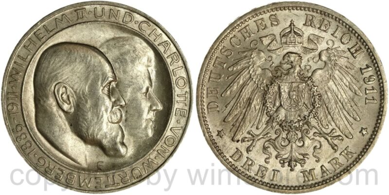 deutsches kaiserreich württemberg, 3 mark 1911, silberhochzeit, silber, vz deutsches kaiserreich württemberg, 3 mark 1911, silberhochzeit, silber, vz