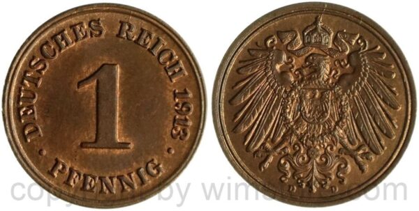 deutsches kaiserreich, 1 pfennig 1913 d, kupfer, vz st