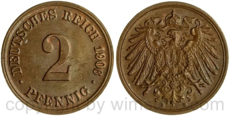 deutsches kaiserreich, 1 pfennig 1906 d, kupfer, ss vz deutsches kaiserreich, 2 pfennig 1906 d, kupfer, ss vz
