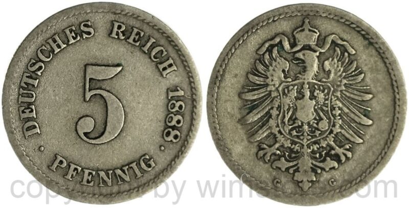 deutsches kaiserreich, 5 pfennig 1888 g, ku/ni, s ss deutsches kaiserreich, 5 pfennig 1888 g, ku/ni, s ss