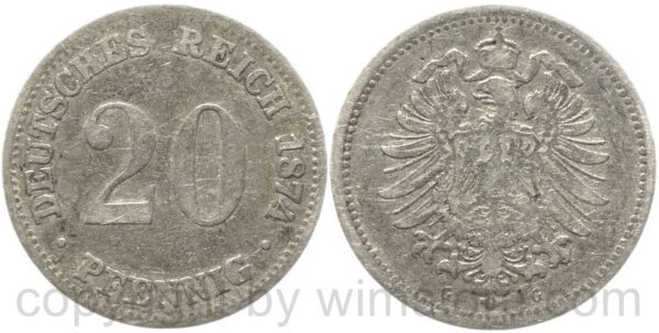 deutsches kaiserreich, 20 pfennig 1874 g, silber, s ss