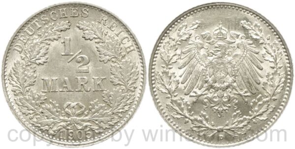 deutsches kaiserreich, 1/2 mark 1905 d, silber, vz st