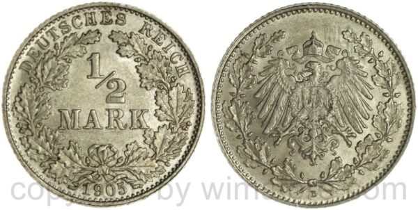 deutsches kaiserreich, 1/2 mark 1905 d, silber, vz st