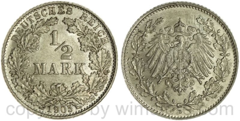 deutsches kaiserreich, 1/2 mark 1905 d, silber, vz st deutsches kaiserreich, 1/2 mark 1905 d, silber, vz st