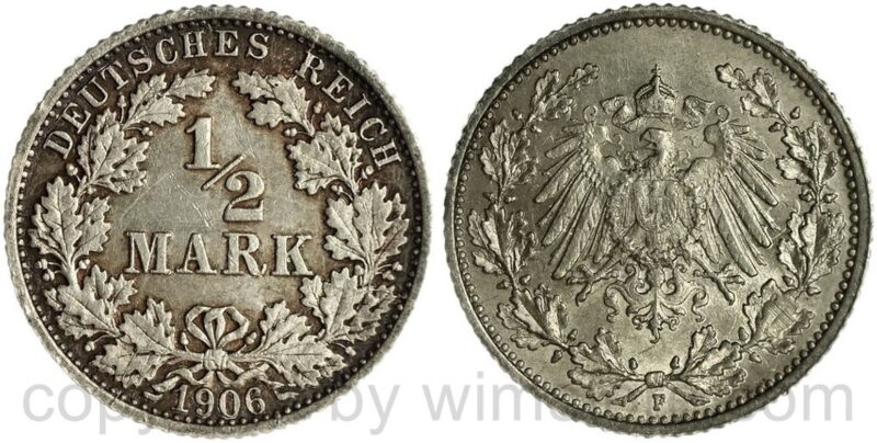 deutsches kaiserreich, 1/2 mark 1906 f, silber, vz deutsches kaiserreich, 1/2 mark 1906 f, silber, vz