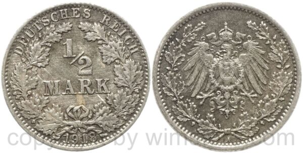 deutsches kaiserreich, 1/2 mark 1918 a, silber, vz