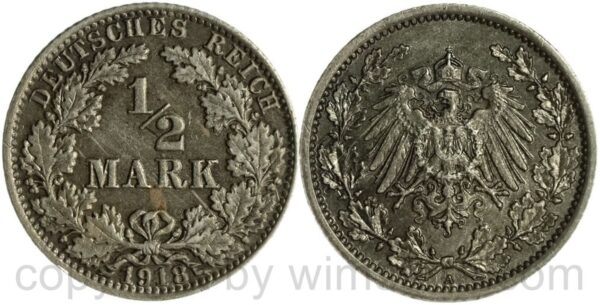 deutsches kaiserreich, 1/2 mark 1918 a, silber, vz