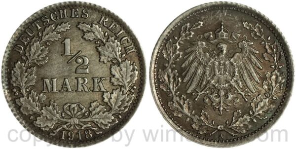 deutsches kaiserreich, 1/2 mark 1918 a, silber, vz