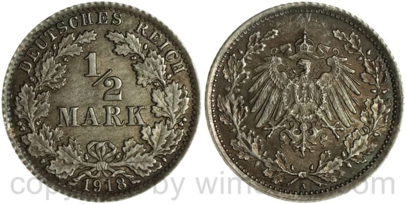 deutsches kaiserreich, 1/2 mark 1918 a, silber, vz deutsches kaiserreich, 1/2 mark 1918 a, silber, vz