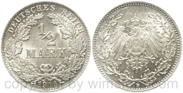 deutsches kaiserreich, 1/2 mark 1918 d, silber, st