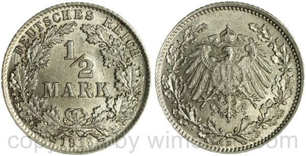deutsches kaiserreich, 1/2 mark 1918 d, silber, st