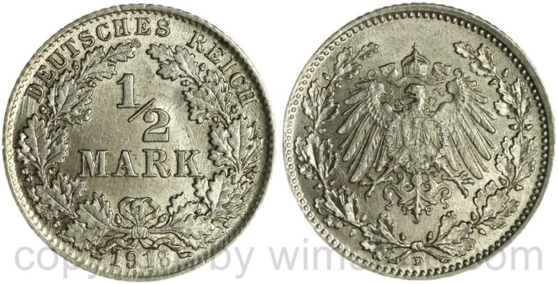deutsches kaiserreich, 1/2 mark 1918 d, silber, st deutsches kaiserreich, 1/2 mark 1918 d, silber, st
