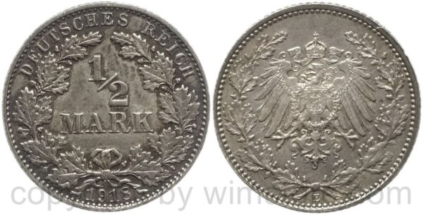 deutsches kaiserreich, 1/2 mark 1918 e, silber, vz st, schöne dunkelung