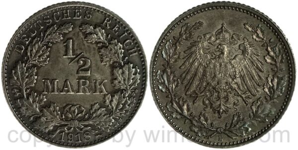 deutsches kaiserreich, 1/2 mark 1918 e, silber, vz st, schöne dunkelung