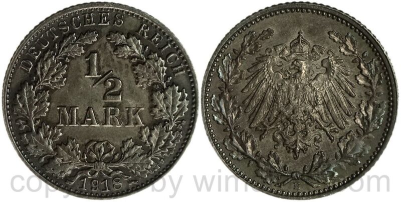 deutsches kaiserreich, 1/2 mark 1918 e, silber, vz st, schöne dunkelung deutsches kaiserreich, 1/2 mark 1918 e, silber, vz st, schöne dunkelung