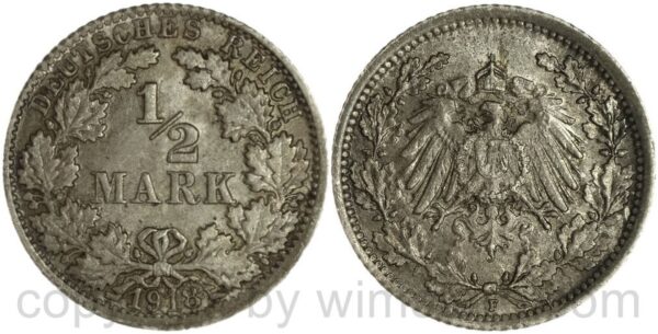 deutsches kaiserreich, 1/2 mark 1918 f, silber, vz st