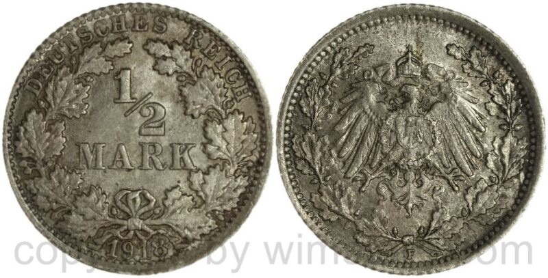 deutsches kaiserreich, 1/2 mark 1918 f, silber, vz st deutsches kaiserreich, 1/2 mark 1918 f, silber, vz st