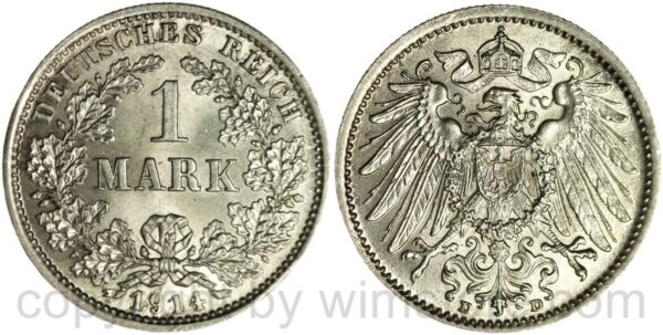 deutsches kaiserreich, 1 mark 1914 d, silber, st