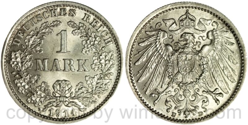 deutsches kaiserreich, 1 mark 1914 d, silber, st deutsches kaiserreich, 1 mark 1914 d, silber, st
