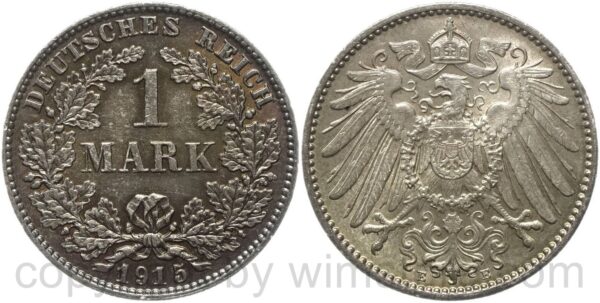 deutsches kaiserreich, 1 mark 1915 e, silber, vz