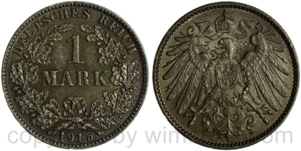 deutsches kaiserreich, 1 mark 1915 e, silber, vz