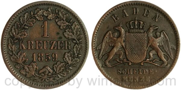 baden, 1 kreuzer 1859, kupfer, ss