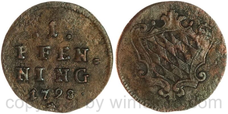 bayern, karl theodor 1777 1799, 1 pfennig 1798, kupfer, ss