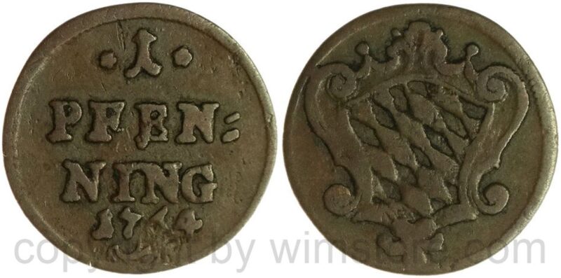 bayern, maximilian iii. joseph 1745 1777, 1 pfennig 1764, kupfer, ss