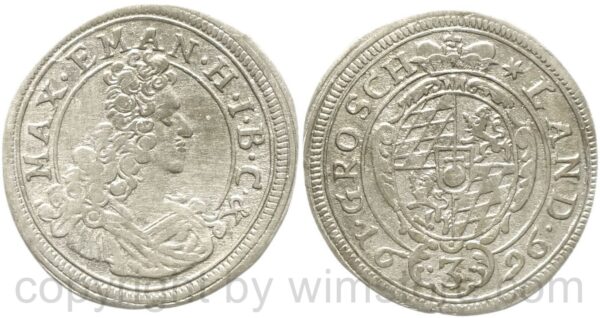 bayern, maximilian ii. emanuel 1679 1726, 3 kreuzer 1696, silber, ss