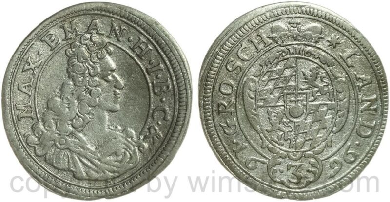 bayern, maximilian ii. emanuel 1679 1726, 3 kreuzer 1696, silber, ss
