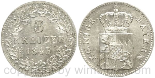 bayern, ludwig i. 1825 1848, 3 kreuzer 1843, silber, vz st