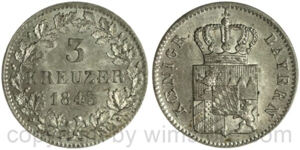 bayern, ludwig i. 1825 1848, 3 kreuzer 1843, silber, vz st