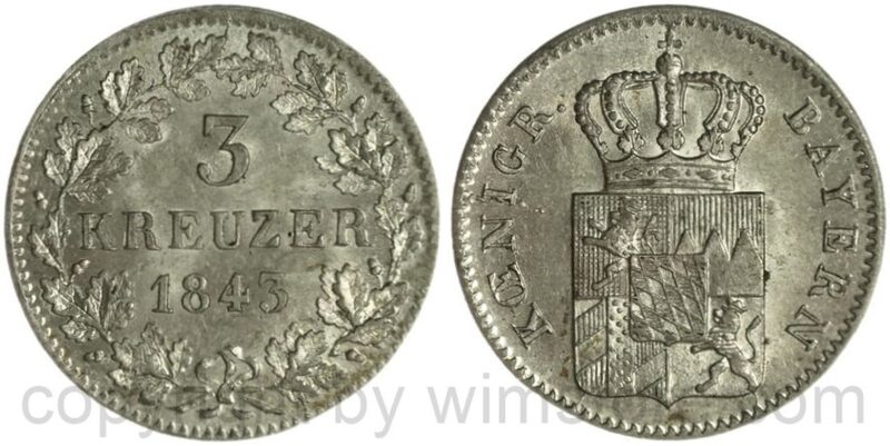 bayern, ludwig i. 1825 1848, 3 kreuzer 1843, silber, vz st