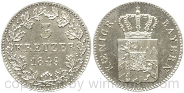 bayern, maximilian ii. joseph 1848 1864, 3 kreuzer 1849, silber, vz st