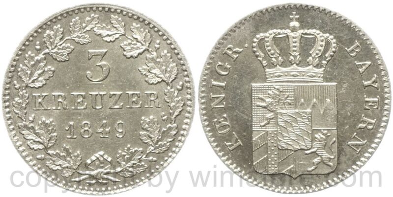 bayern, maximilian ii. joseph 1848 1864, 3 kreuzer 1849, silber, vz st bayern, maximilian ii. joseph 1848 1864, 3 kreuzer 1849, silber, vz st