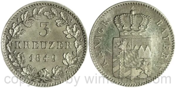 bayern, maximilian ii. joseph 1848 1864, 3 kreuzer 1849, silber, vz st