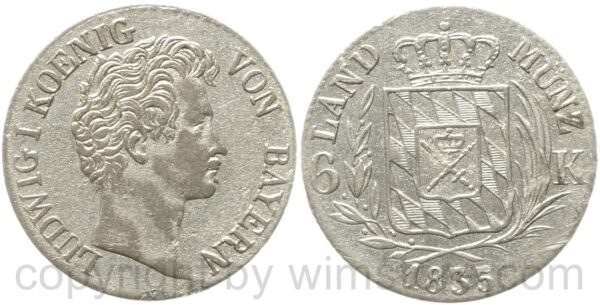 bayern, ludwig i. 1825 1848, 6 kreuzer 1835, silber, s
