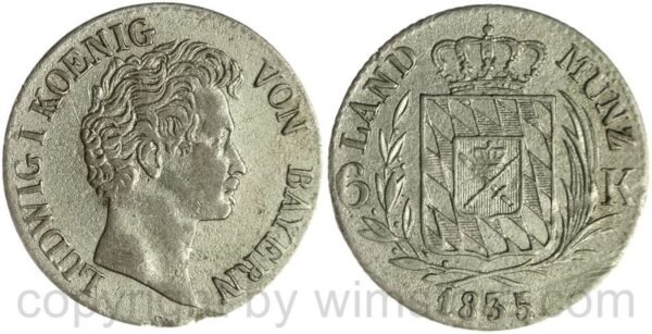 bayern, ludwig i. 1825 1848, 6 kreuzer 1835, silber, s