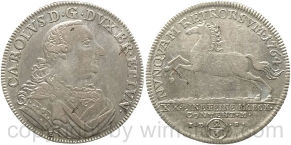 braunschweig wolfenbüttel, karl i. 1735 1780, 2/3 taler 1764, i.d. .b., silber, s ss, schrötlingsfehler