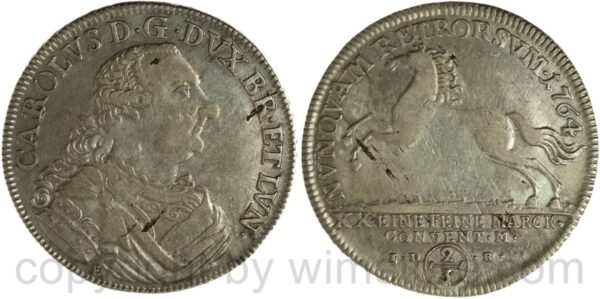 braunschweig wolfenbüttel, karl i. 1735 1780, 2/3 taler 1764, i.d. .b., silber, s ss, schrötlingsfehler
