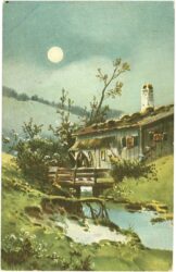 haus am bach mit wasserrad und mond