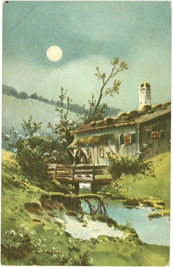 haus am bach mit wasserrad und mond