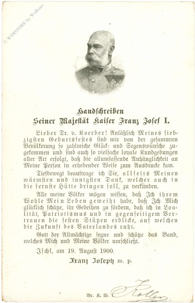 kaiser franz josef i., handschreiben 19.8.1900 kaiser franz josef i., handschreiben 19.8.1900