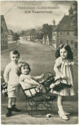 namenstag, kinder mit handkarren