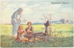 ostern, mutter mit kindern am grab