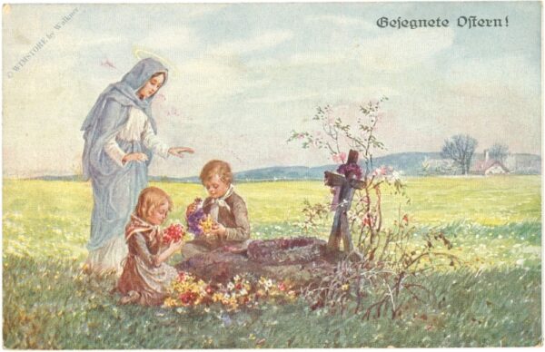 ostern, mutter mit kindern am grab