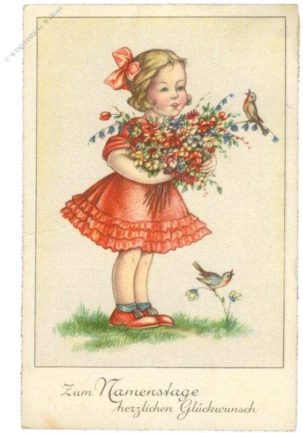 namenstag, mädchen mit blumen und vögeln