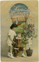 geburtstag, kinder mit blumenstock