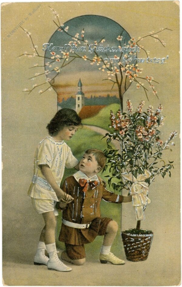 geburtstag, kinder mit blumenstock